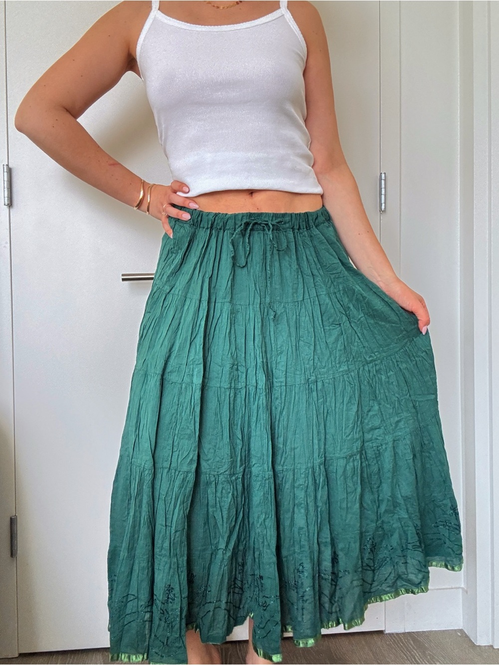 Vintage Green Boho Tiered Midi Skirt Embroidered 100% Cotton L/M